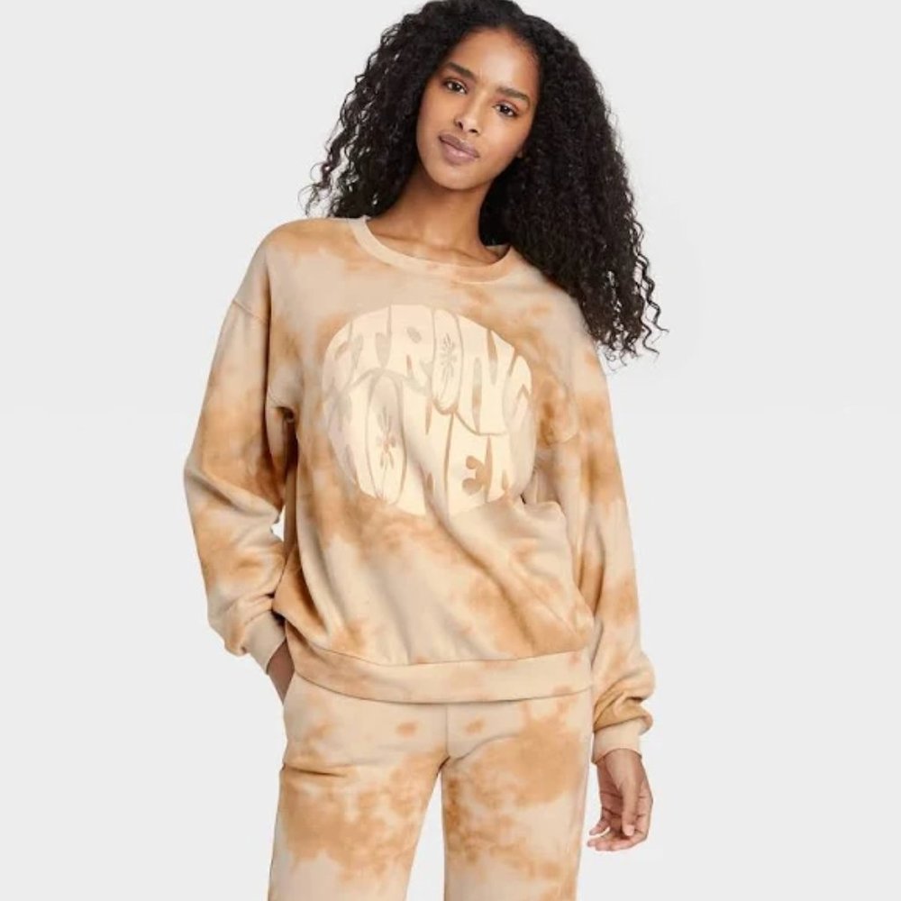 Women's Strong Women Graphic Sweatshirt - Tan Tie-Dye
